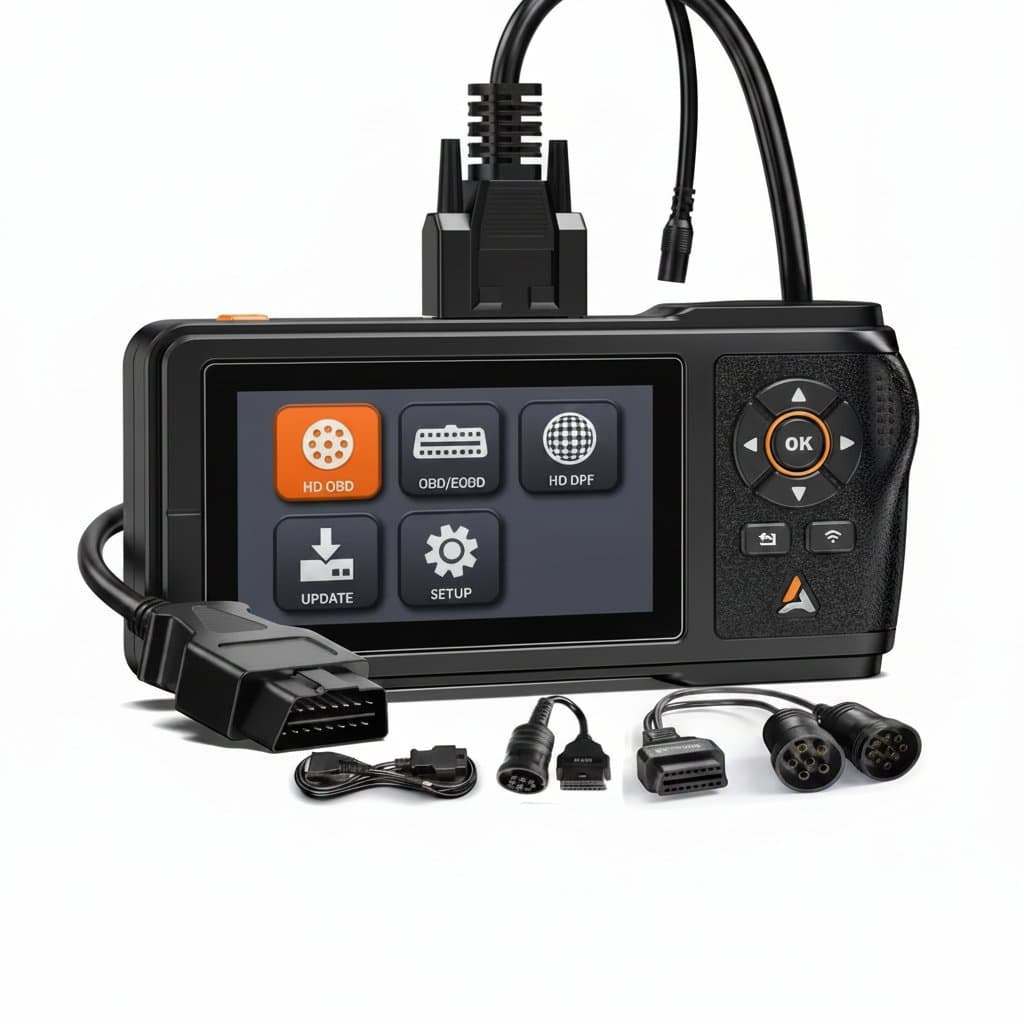 ANCEL HD430 Heavy Duty Truck Diagnostic Scanner performing an engine DPF regeneration on a dashboard.