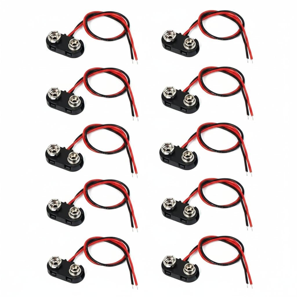 Pack of 10 T-shaped 9V battery connectors with durable hard plastic shells for secure DIY electronics projects and device wiring.