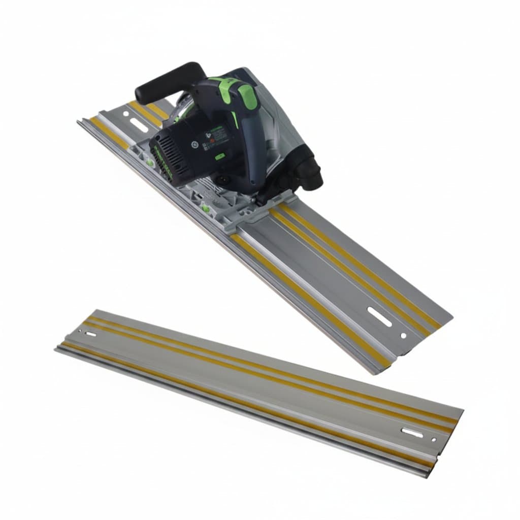 Universal circular saw guide rail with a straight edge, compatible with Festool and Makita saws for accurate long cuts.