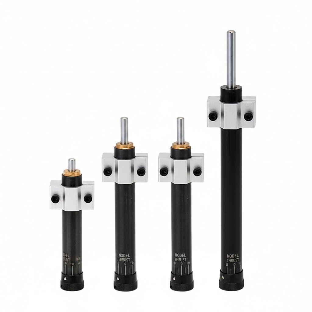 HR series adjustable hydraulic shock absorber for industrial machinery, showing the pneumatic damper with chrome piston rod and mounting brackets.