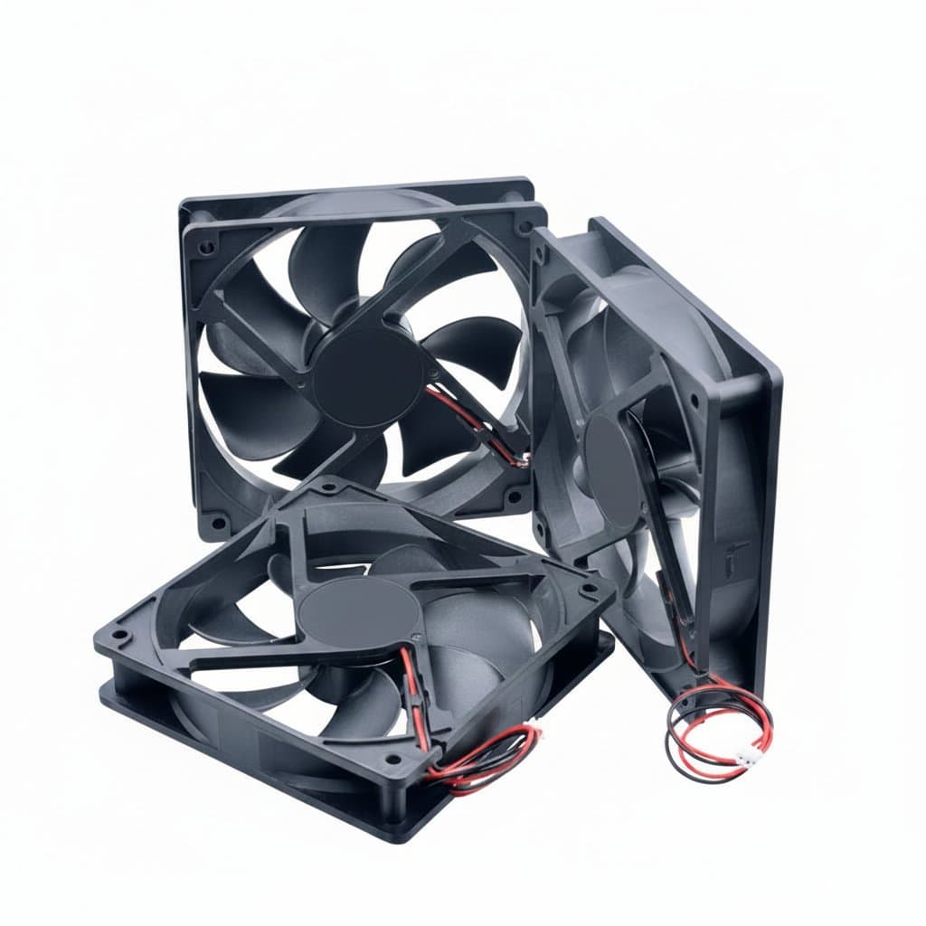 ACP12025 120mm cooling fan for chassis and power inverters, showing its black frame, seven transparent blades, and 2-pin connector.