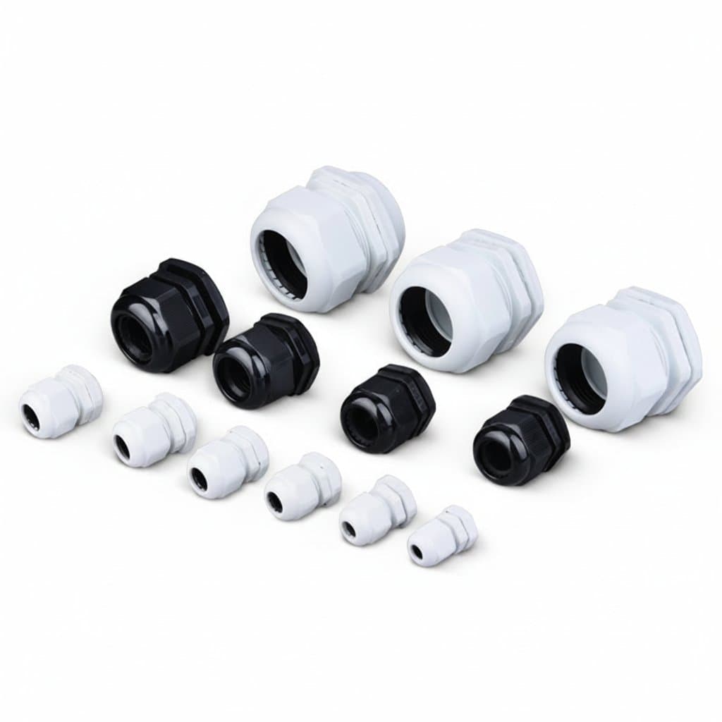 5-piece set of high-quality nylon cable glands in sizes PG 7, 9, 11, 13.5, and 16 for IP68 waterproof wire connections.