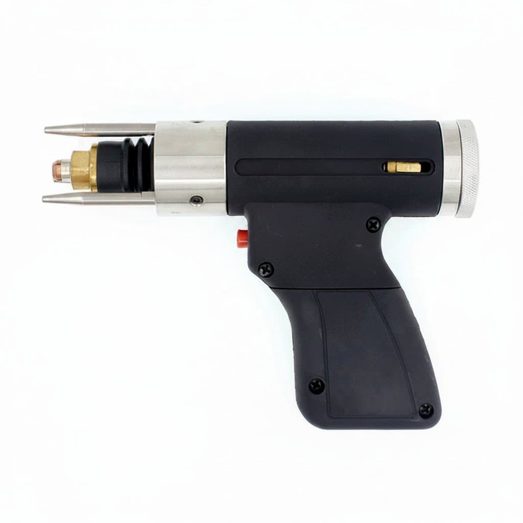 Professional capacitor discharge stud welding gun for metal fabrication, featuring a lightweight aluminum body and ergonomic pistol grip.