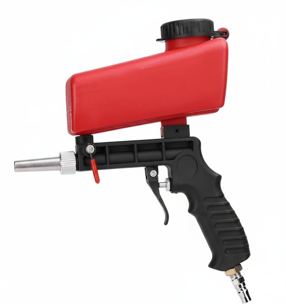 Pneumatic sandblaster gun for air compressors, designed to remove paint, rust, and stains from surfaces with portable handheld operation.