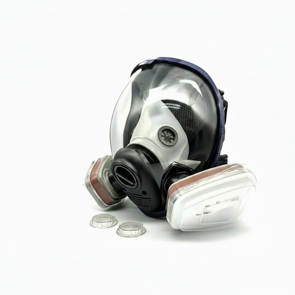 Full face respirator gas mask with 40mm activated carbon filter canister for chemical fumes, spray paint, and tactical survival use.