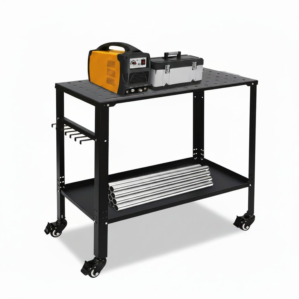 36 by 18 inch portable welding table with a slotted hole top, mounted on a heavy-duty steel cart with locking wheels.
