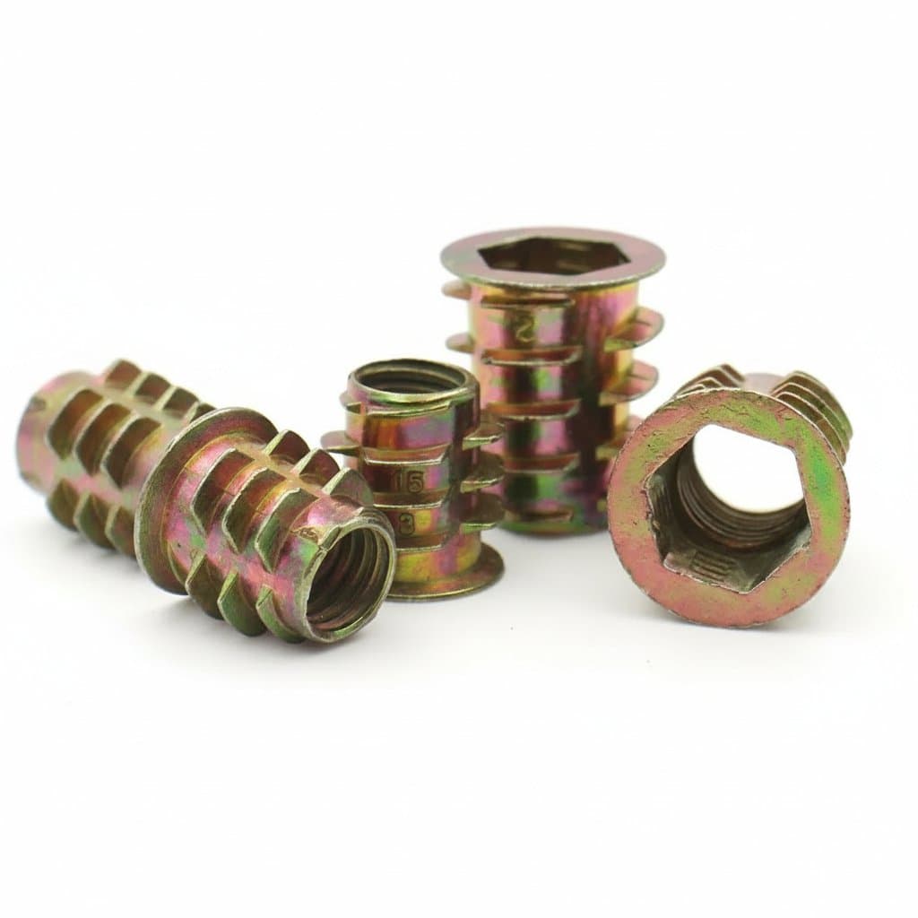 Zinc alloy flanged hex drive insert nuts for wood, with internal threading in sizes M4 to M10 for furniture assembly.