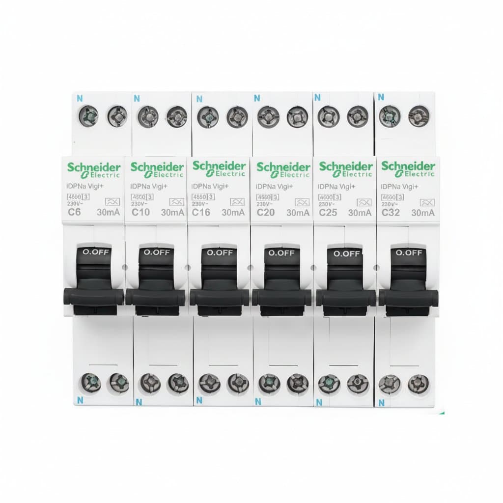 Schneider Electric iDPNa Vigi+ C32 1P+N circuit breaker with integrated 30mA leakage protection for enhanced electrical safety.