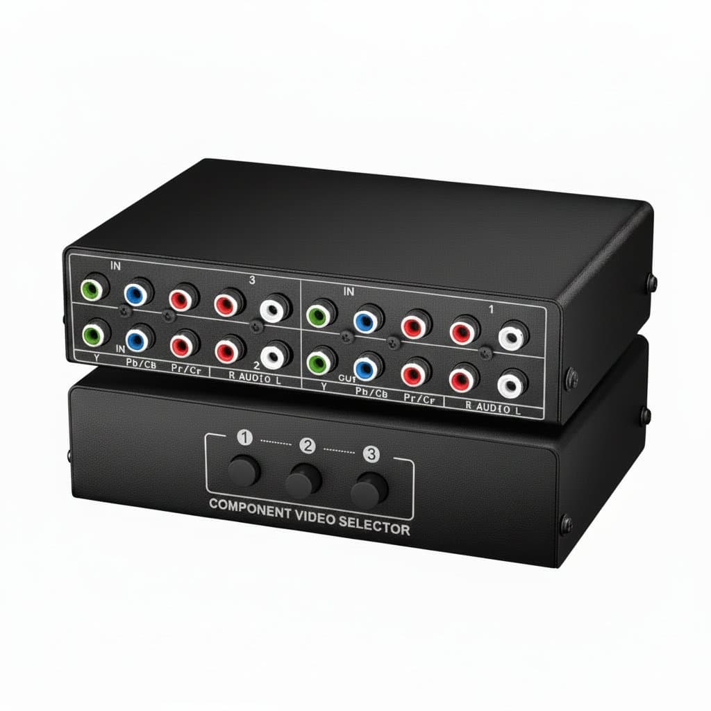 RGB component video switch selector box with 3 inputs and 1 output, featuring 5 RCA connectors for L/R audio and YPbPr component video, compatible with PS2, Wii, Xbox, DVD players, and HDTVs.