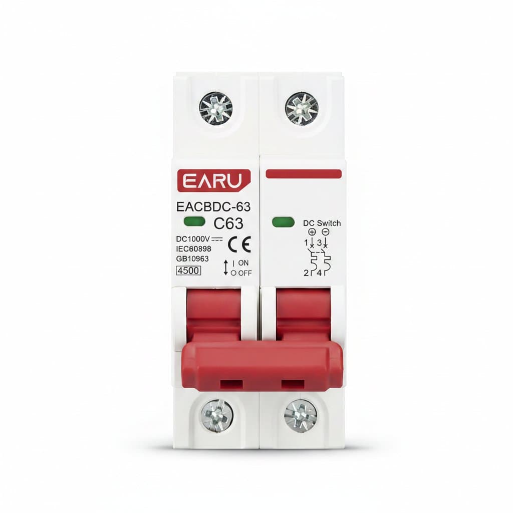 DC 1000V Solar Mini Circuit Breaker for photovoltaic systems, featuring overload protection in amperages from 6A to 63A with a 2-pole design.