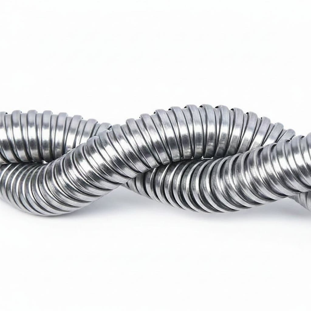 Washing machine hose, single metallic flexible hose on a clean white background.
