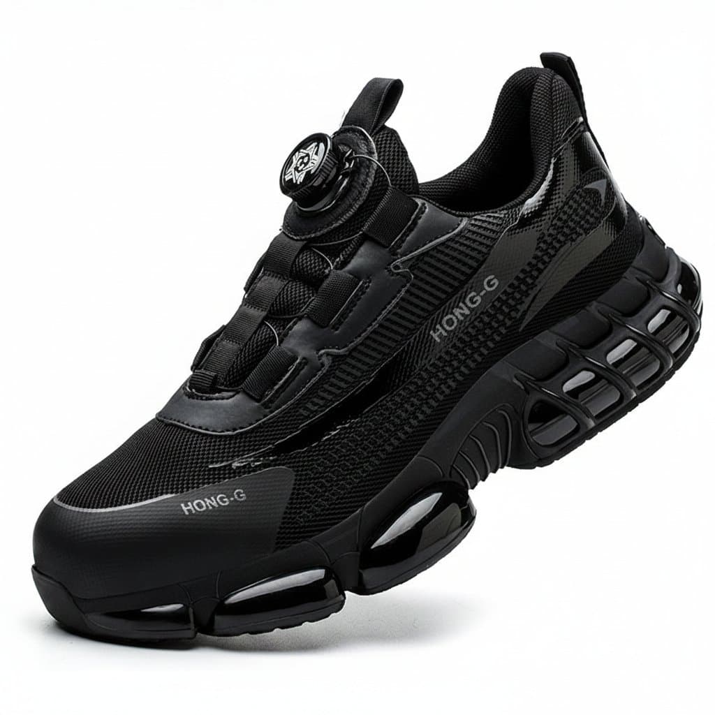 Men's safety shoes with rotating button closure, offering anti-smash and anti-puncture protection in a fashionable sport shoe design.