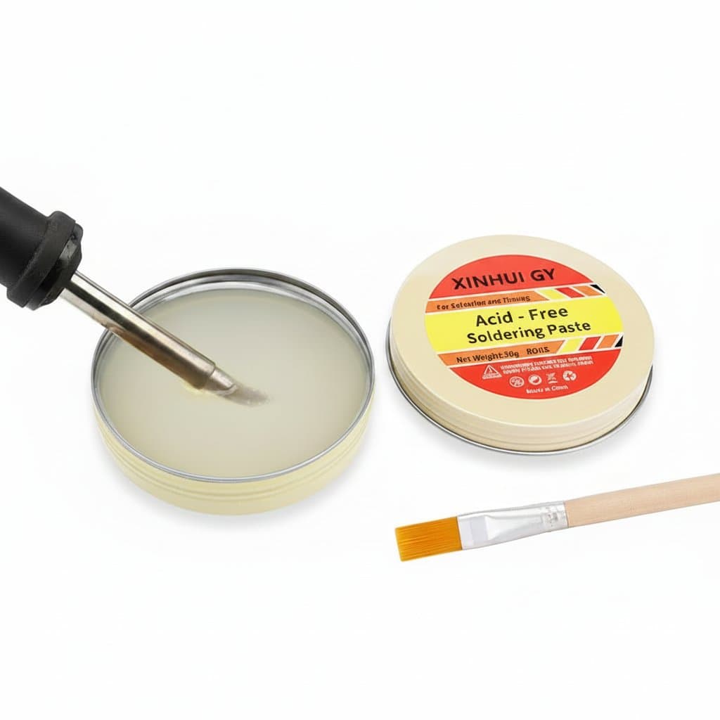 Lead-free halogen-free acid-free solder paste in a syringe, ideal for electronics soldering and rework with high purity flux.