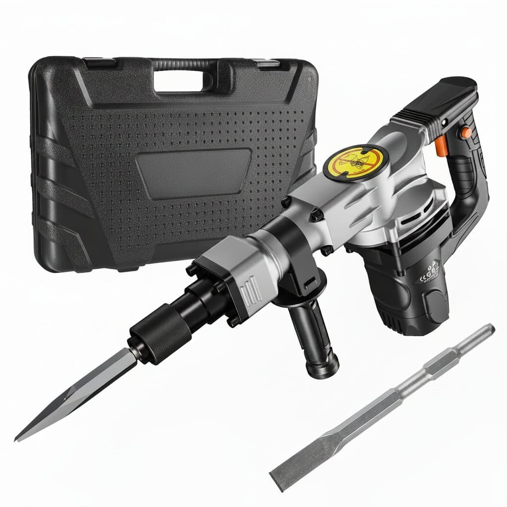 SucceBuy 1400W Electric Demolition Jack Hammer with two chisel bits, safety gloves, and carrying case on a concrete surface.