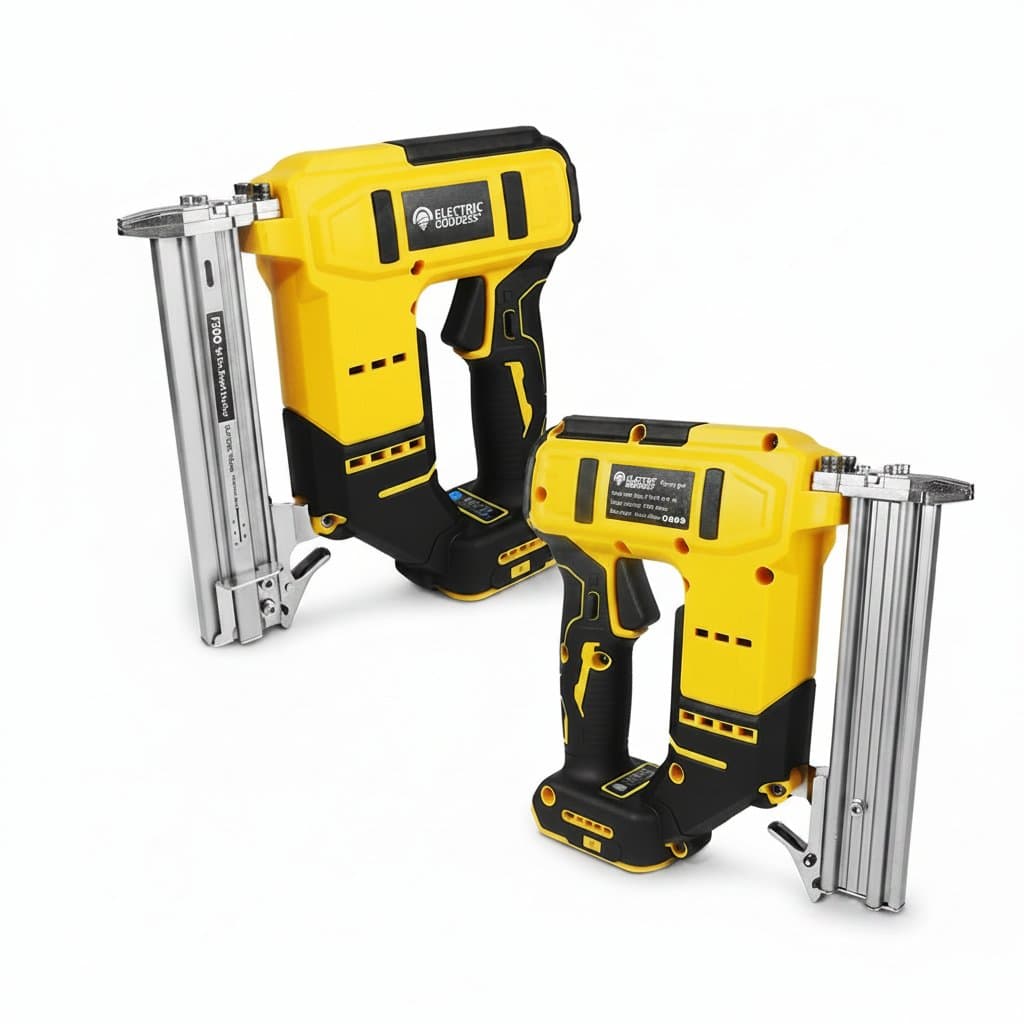 Brushless electric nail gun with 10-30mm depth adjustment, compatible with DeWalt 20V batteries for furniture stapling.