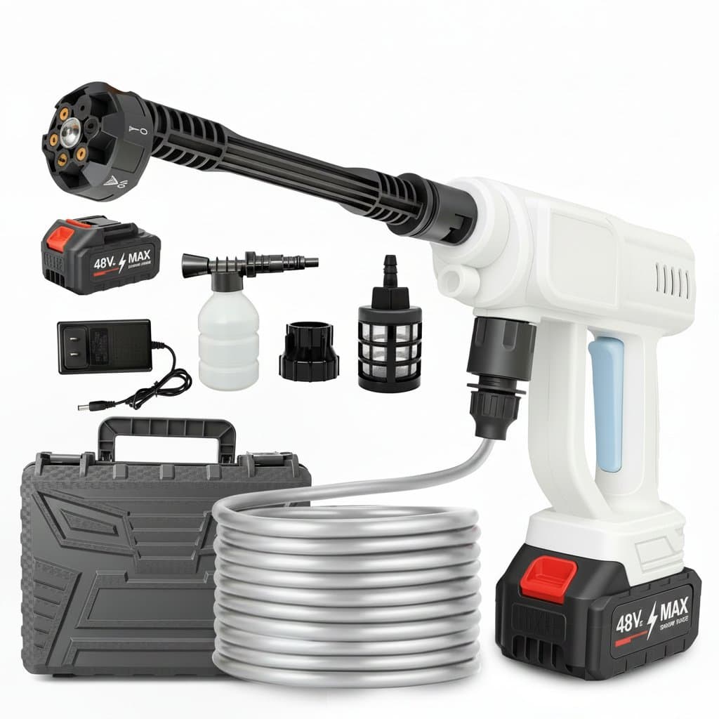 Portable 21V cordless pressure washer delivering 970 PSI, with 6-in-1 nozzle and 4.0Ah battery, ideal for cars, patios, and outdoor surfaces.