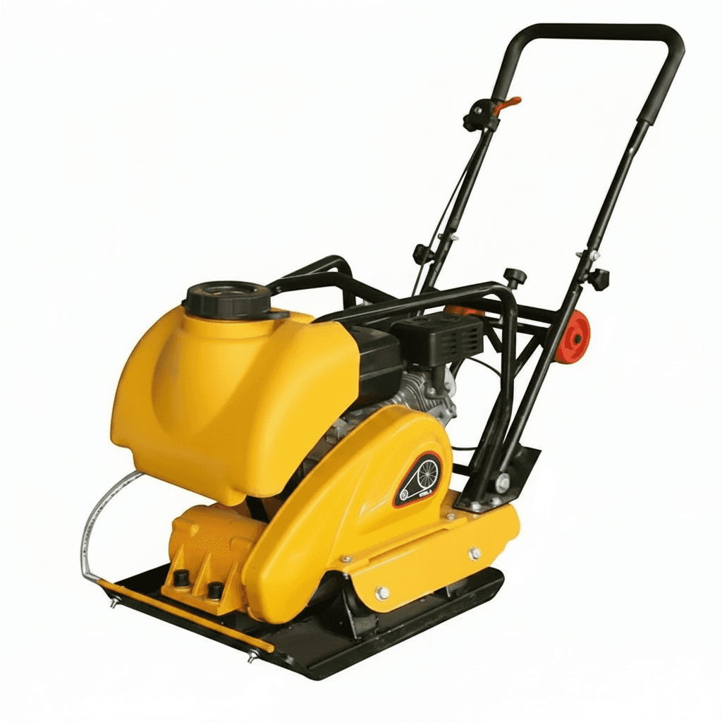 One-way reversible diesel plate compactor with 80kg weight, compacting soil on a flat surface with visible vibration action.