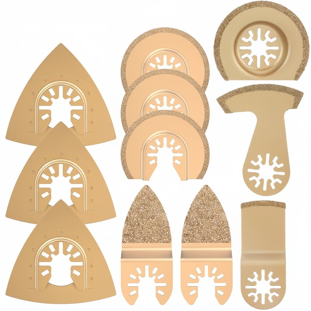 Professional 8-piece oscillating tool blade set with carbide teeth for cutting ceramic tile, marble, and hard materials.