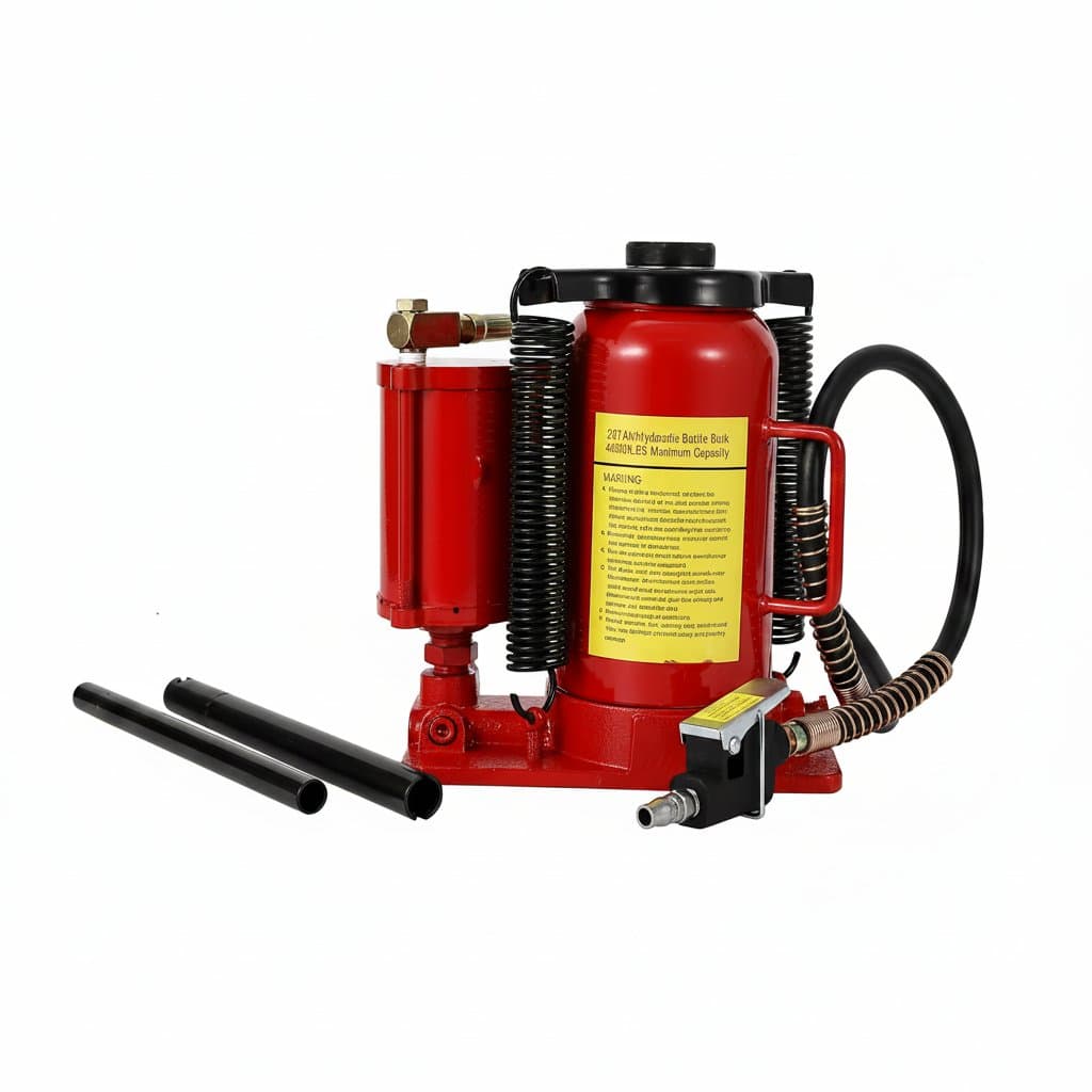 12 to 20 ton air hydraulic bottle jack with manual hand pump, heavy-duty all-welded steel construction for automotive and industrial lifting.