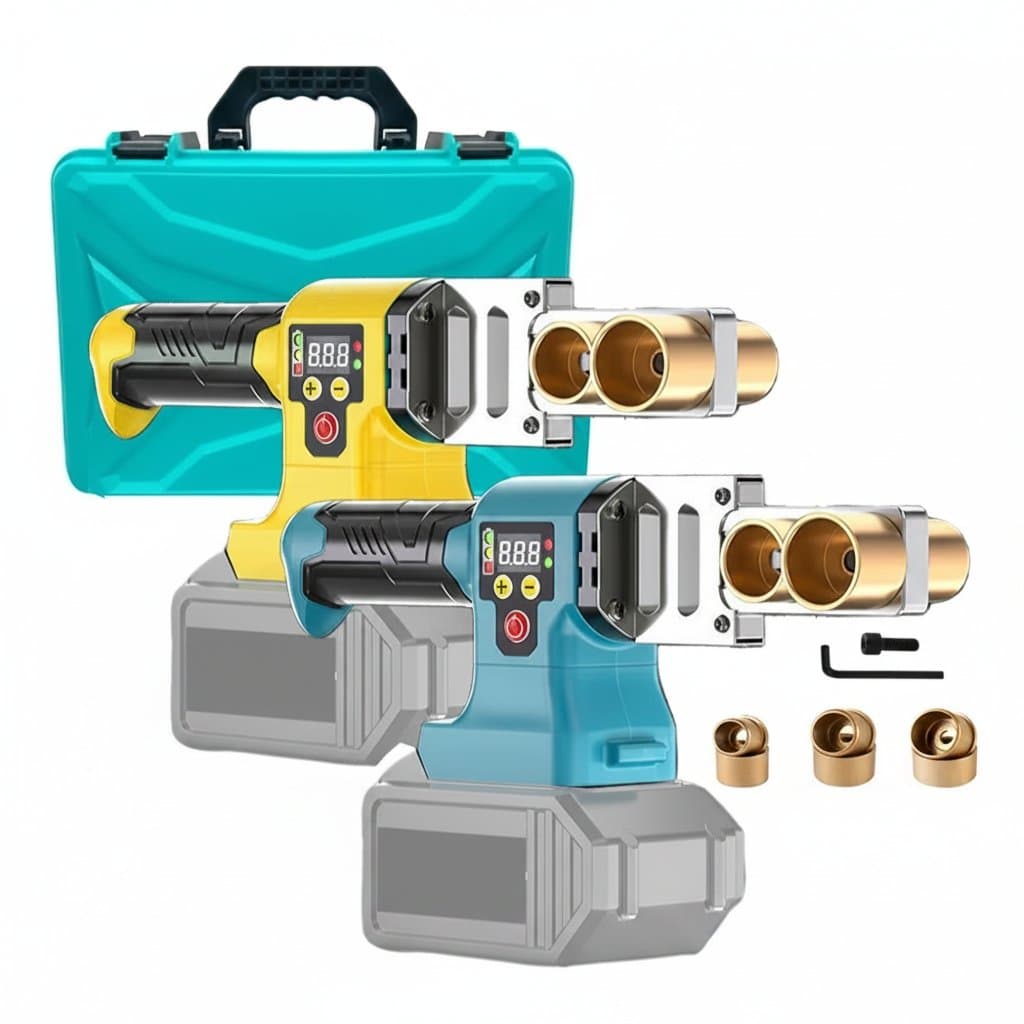 Cordless electric pipe welding machine for PPR and PE plastic tubes, compatible with Makita and DeWalt power tool batteries.