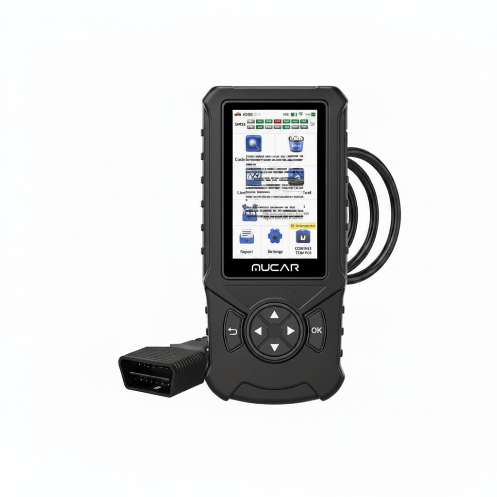 MUCAR CDE900 OBD2 diagnostic scanner with 32GB storage, capable of reading engine, transmission, brake, and airbag codes for comprehensive vehicle analysis.
