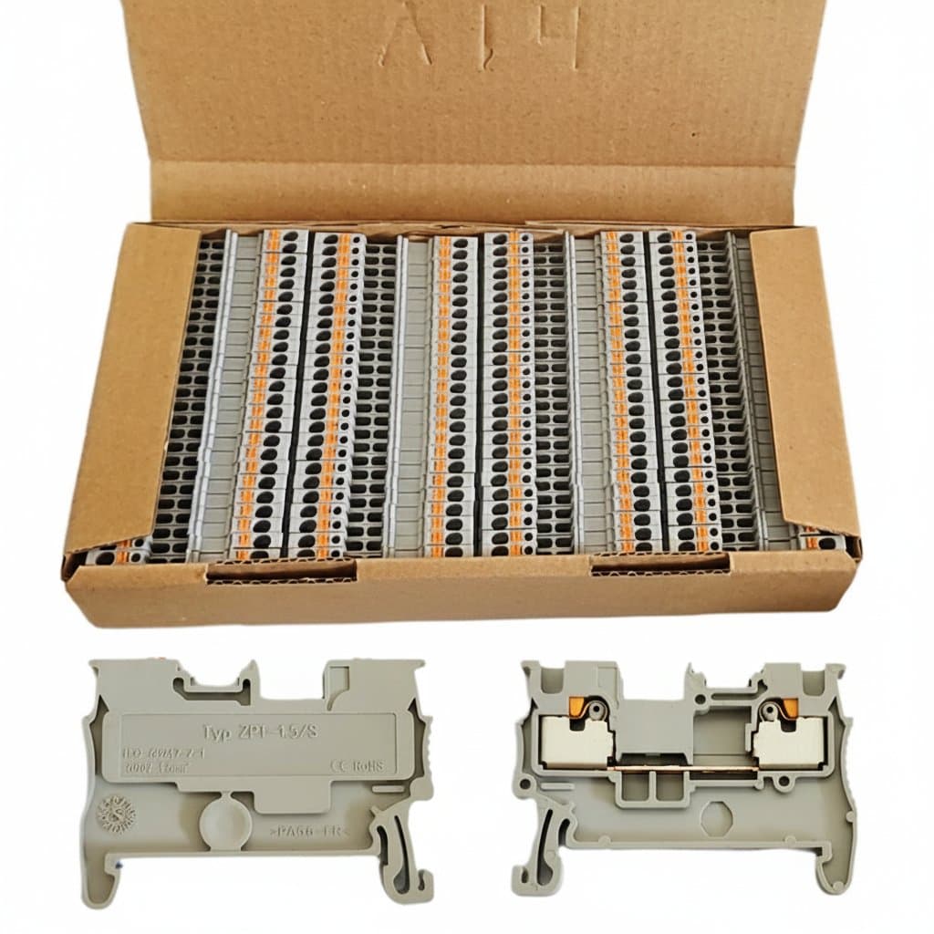 PT-1.5 push-in terminal block with spring connection for electrical wiring, available in 10, 50, or 100 piece sets for din rail mounting.
