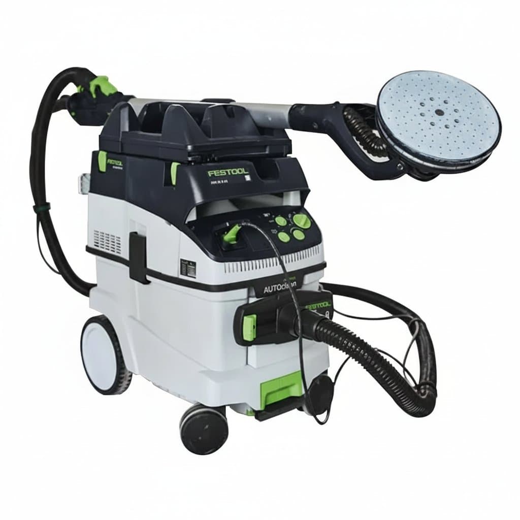 Festool LHS 2 225 long-neck wall sander with dust cleaner, a 220V tool for sanding ceilings and high walls without ladders.