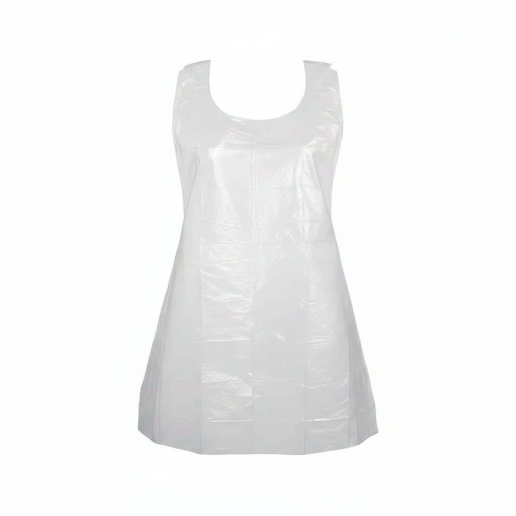 Disposable aprons: clear plastic apron worn by a person on a plain white background.