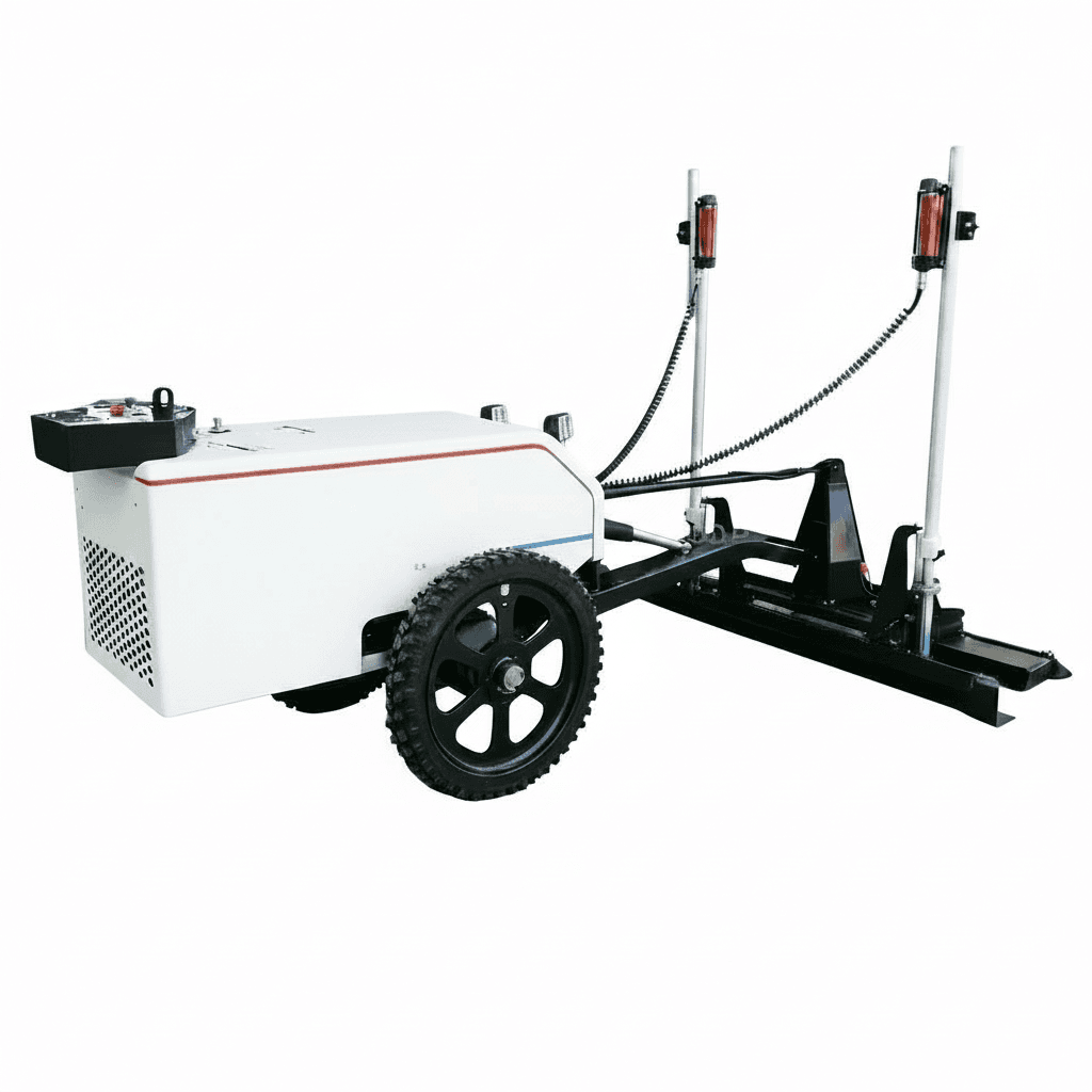 Self-leveling laser screed machine for concrete with 220V power, featuring a durable screed head and a one-year manufacturer warranty.