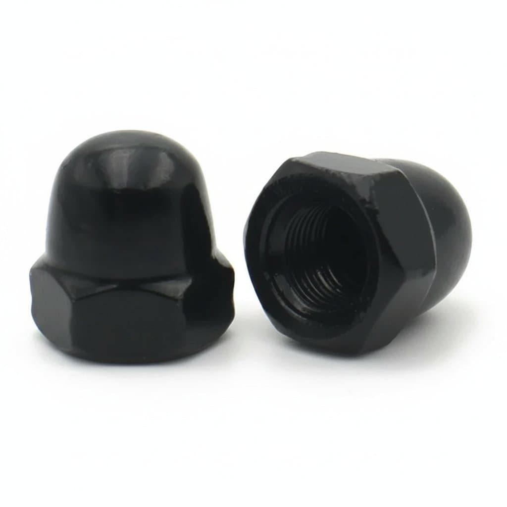 Set of 10 black carbon steel acorn nuts, also known as domed cap nuts, in metric sizes from M3 to M12.