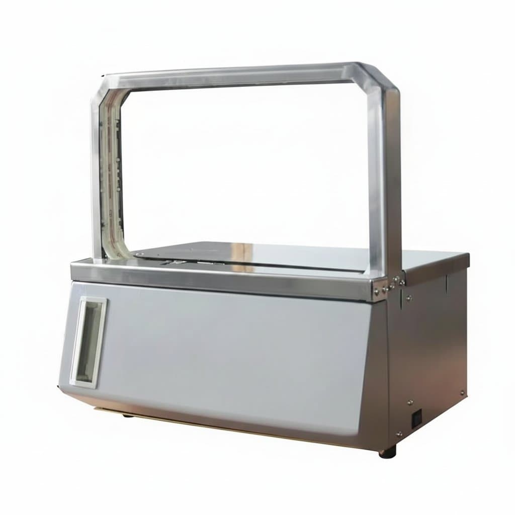 Premium automatic binding machine for industrial use, featuring a durable steel frame and digital control panel for secure package strapping.