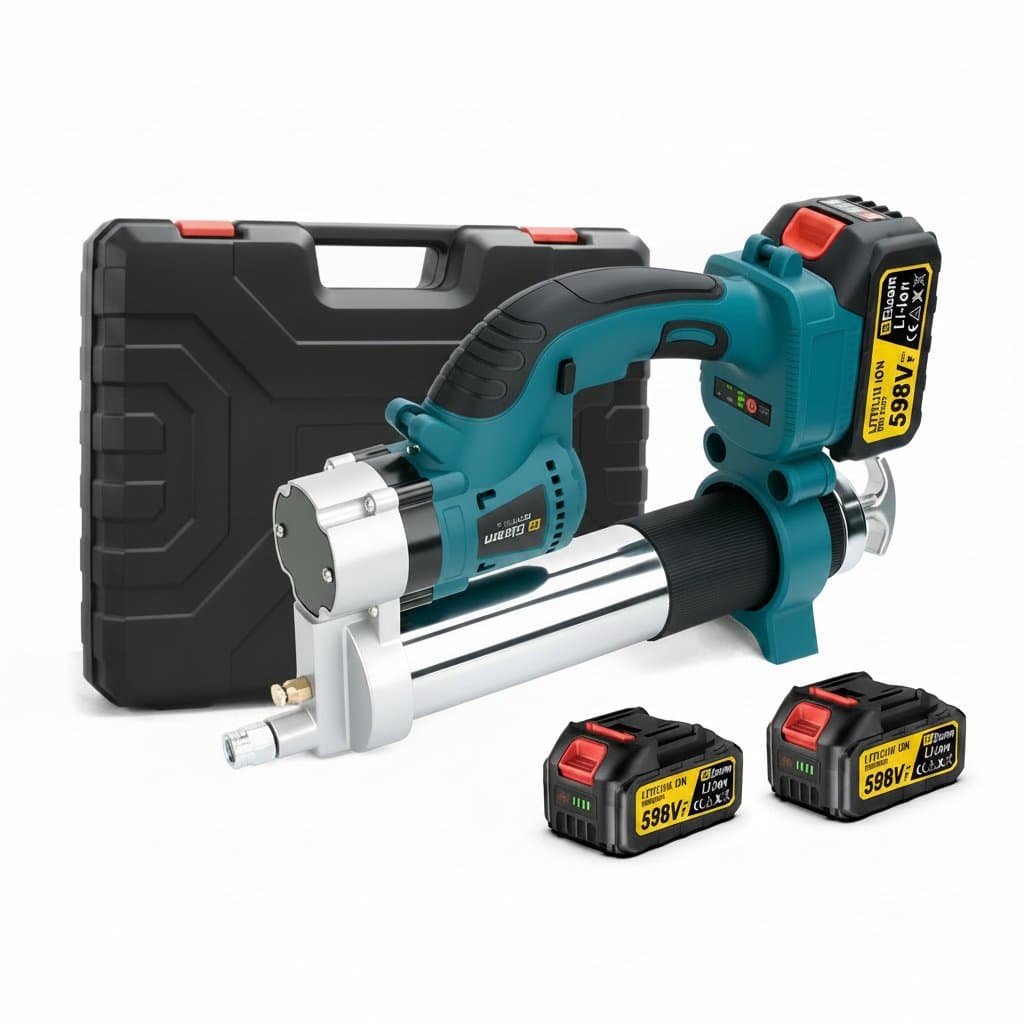 Manual electric grease gun with high-voltage swivel nozzle, quick-release lock, and easy-grip handle for automotive and industrial maintenance.