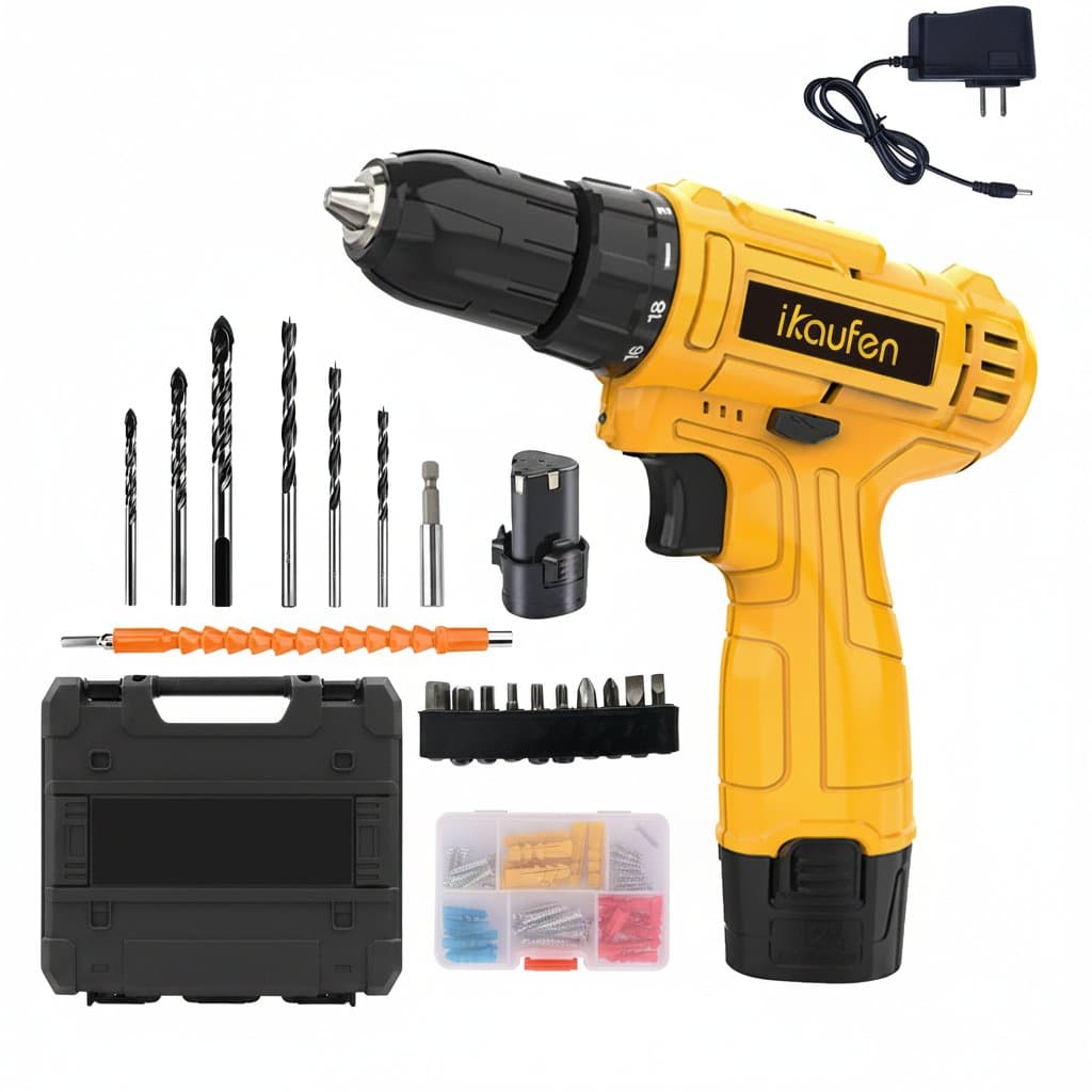 12V cordless power drill and screwdriver set with two variable speeds, 25+1 torque settings, and a 24-piece accessory kit.