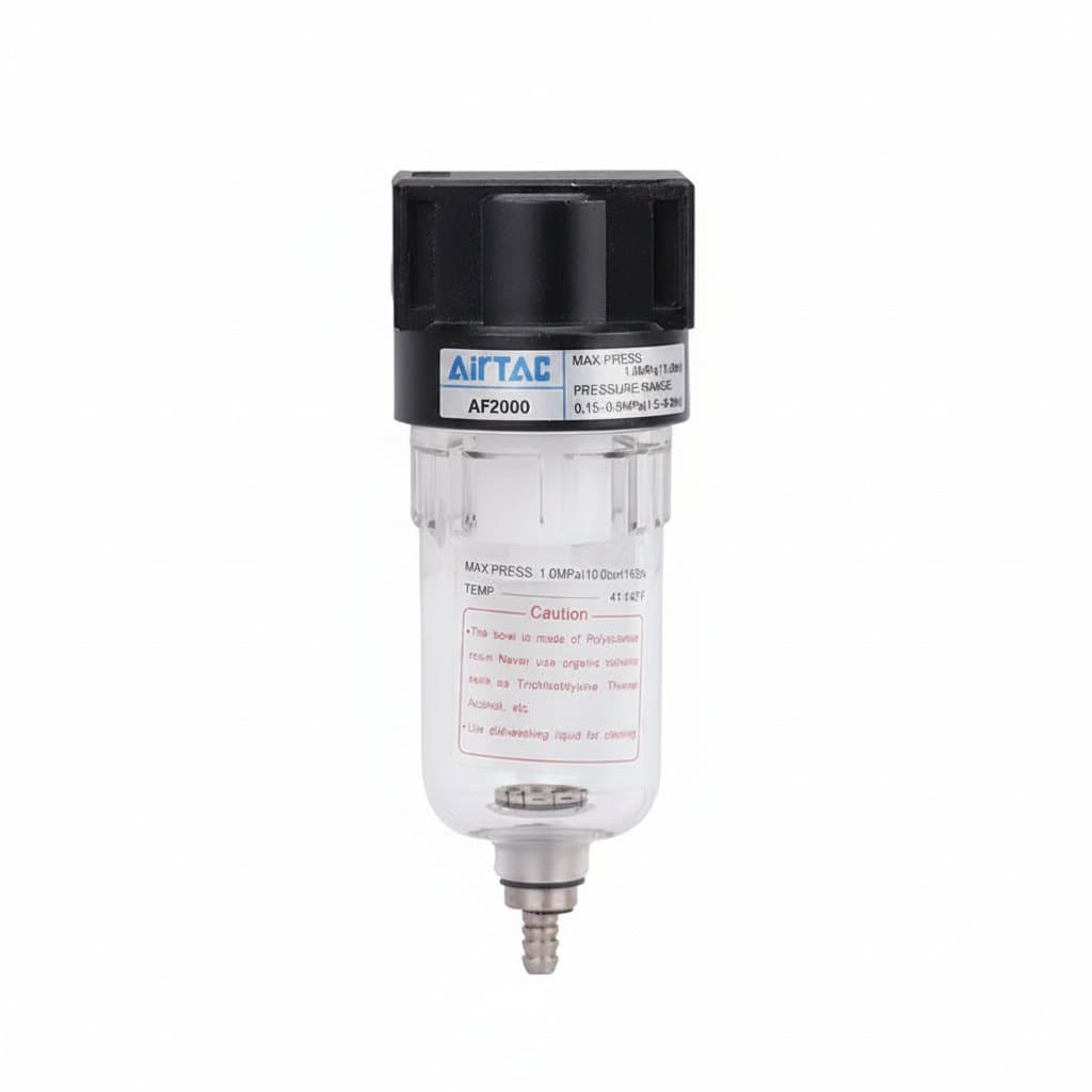 AF2000 1/4 inch NPT copper air filter regulator, an oil water separator for pneumatic compressor systems with pressure gauge and adjustment knob.