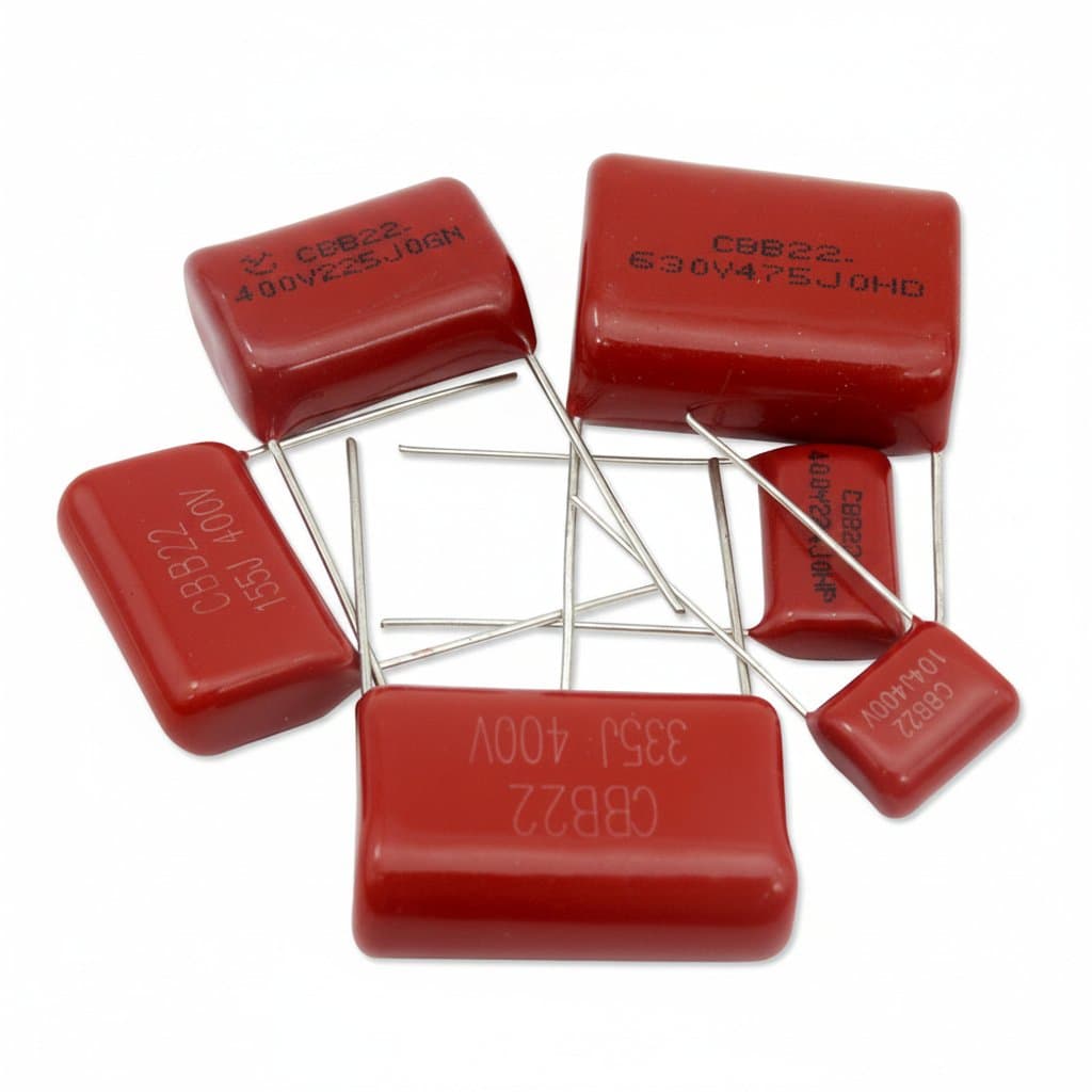 Assorted CBB polypropylene film capacitors in various values from 100pF to 1uF, featuring high voltage ratings up to 630V on a white background.