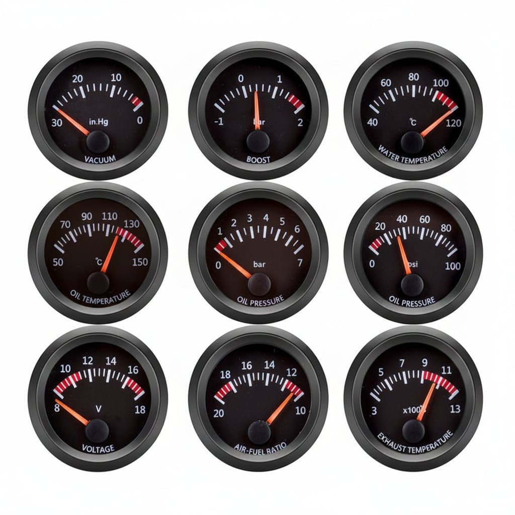A 12V 52mm car gauge for monitoring water temp, oil temp, voltmeter, and oil pressure, with BAR/PSI readings and included sensor.