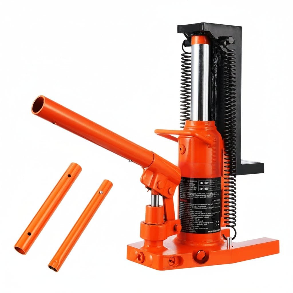SucceBuy 2.5-ton hydraulic toe jack with 5-ton top lift capacity, shown in a workshop setting with a rugged steel frame and black finish.