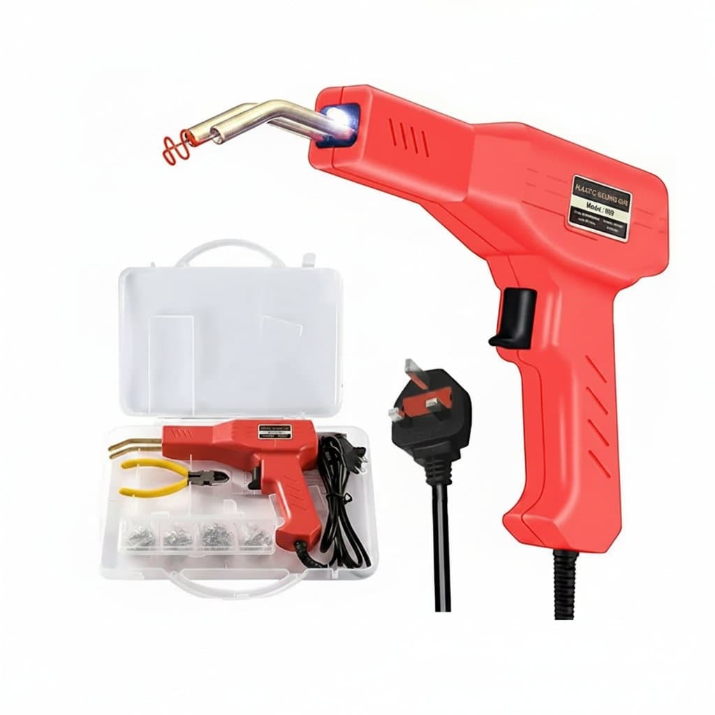Hot Stapler plastic welding machine and bumper repair kit with soldering iron, welding gun, and plastic welding rods for automotive repair.