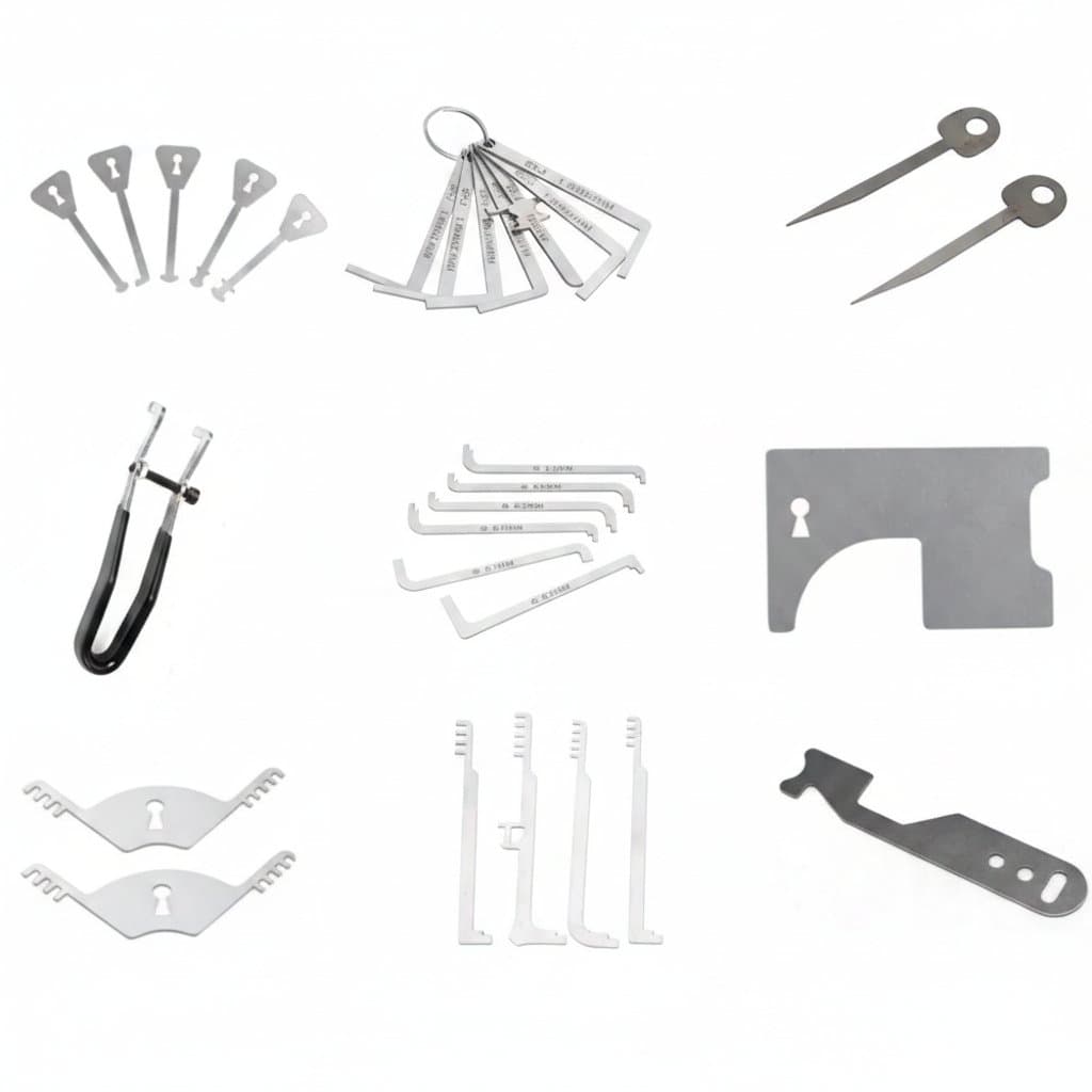 Professional locksmith kit with stainless steel tension wrench, lock pick set, and push rod tools for lock repair and key extraction.