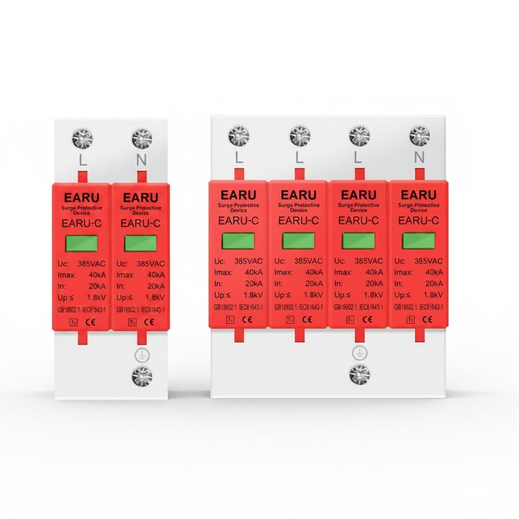 AC Surge Protective Device SPD for house lightning protection, available in 1P to 4P models with 20KA to 60KA discharge capacity and 385V rating.