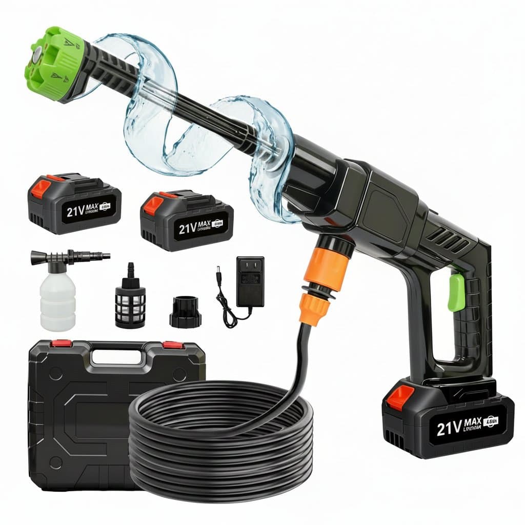 300W cordless high-pressure washer with 500 PSI, 21V 4.0Ah battery, and 16.4-foot hose for washing cars, fences, and outdoor areas.