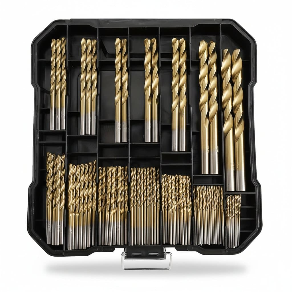 99-piece titanium drill bit set with 135-degree split point tips for reduced walking, includes sizes from 1/16 inch in a durable metal index case.