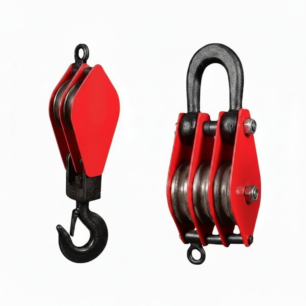 1-ton capacity wheel lifting snatch pulley block with chain hoist and sling for material handling and rigging tasks.