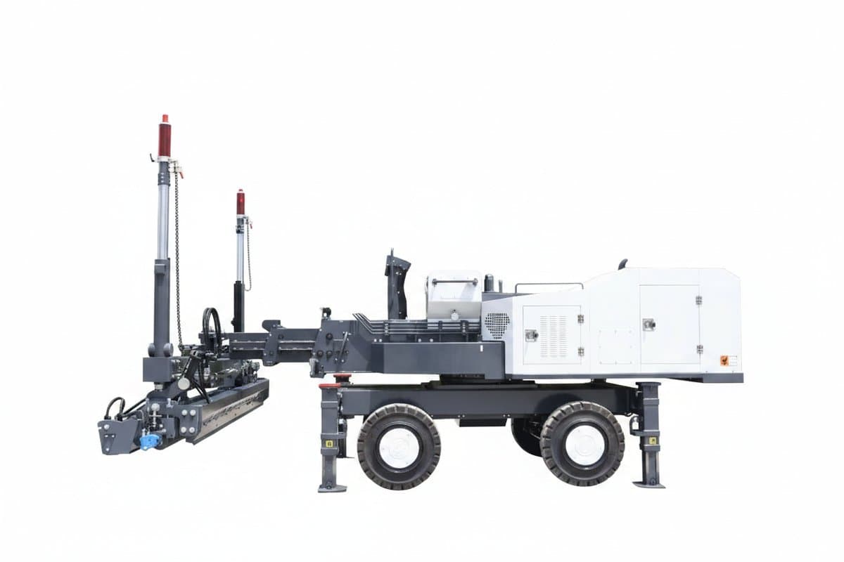 Heavy Duty Boom Type Concrete Laser Screed machine leveling a large industrial concrete slab with precision.