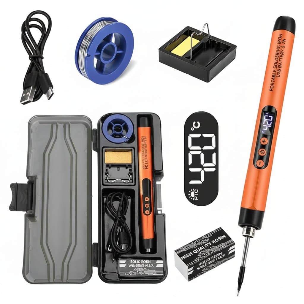Mini digital USB-C soldering iron kit with adjustable temperature control, LCD display, and included stand for precise electronics repair.