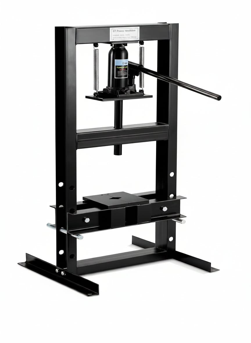 12-ton H-frame hydraulic shop press with steel plates, shown in a professional garage workshop setting.