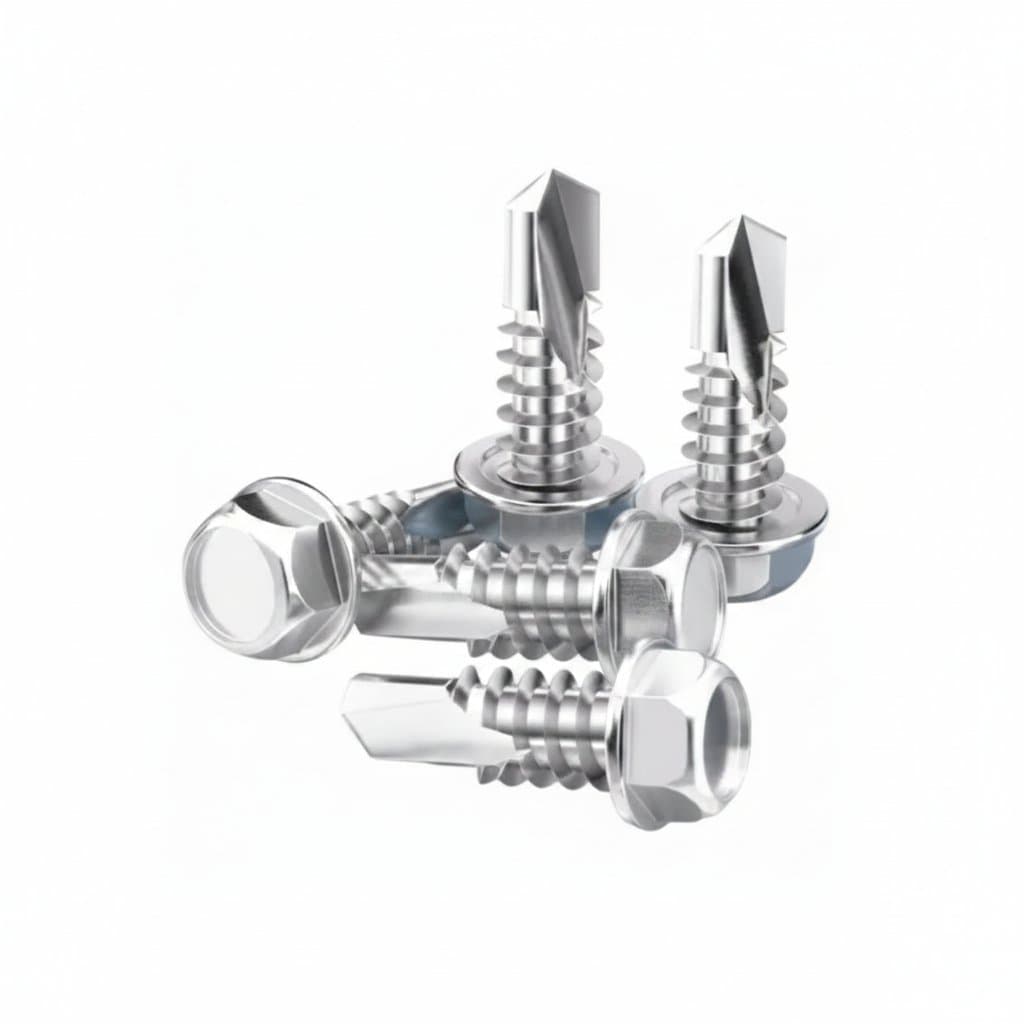 Pack of 50 stainless steel self-tapping TEK screws with hex washer heads for sheet metal fabrication and construction projects.