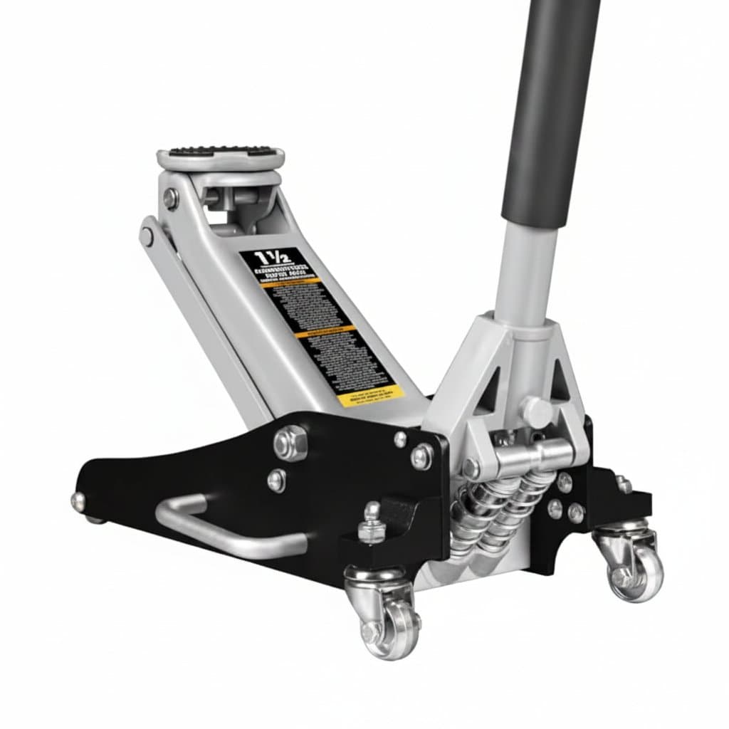 TAM815016L 1.5 ton low profile aluminum and steel racing floor jack with quick lift pump, shown lifting a vehicle.