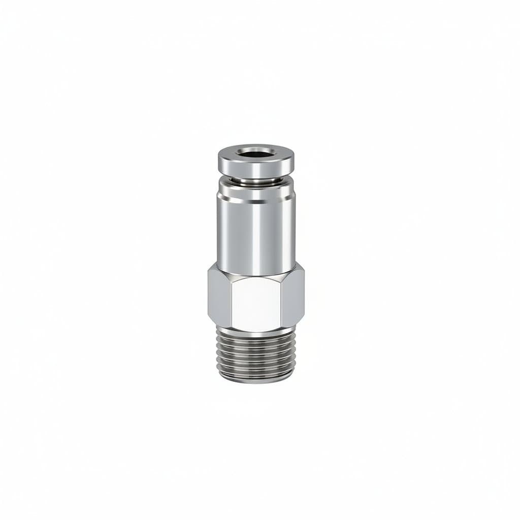 Stainless steel pneumatic quick release fitting with BSP threads, shown with a blue air hose attached for industrial use.