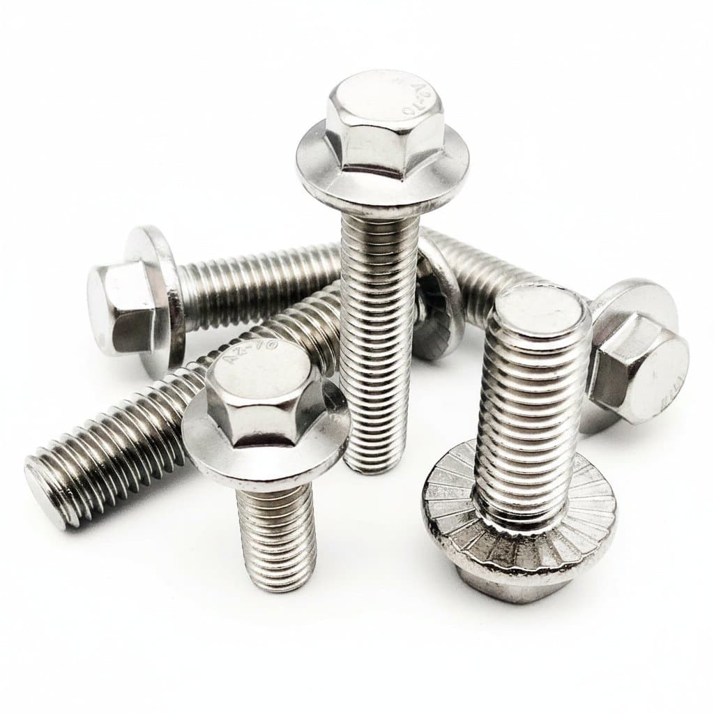 A2-70 304 stainless steel hexagon head with serrated flange cap screws in M5 through M12 sizes.